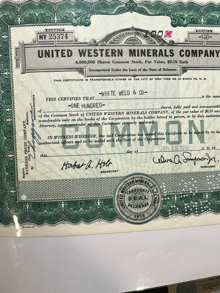 United Western Minerals Companmy Stock Certificate