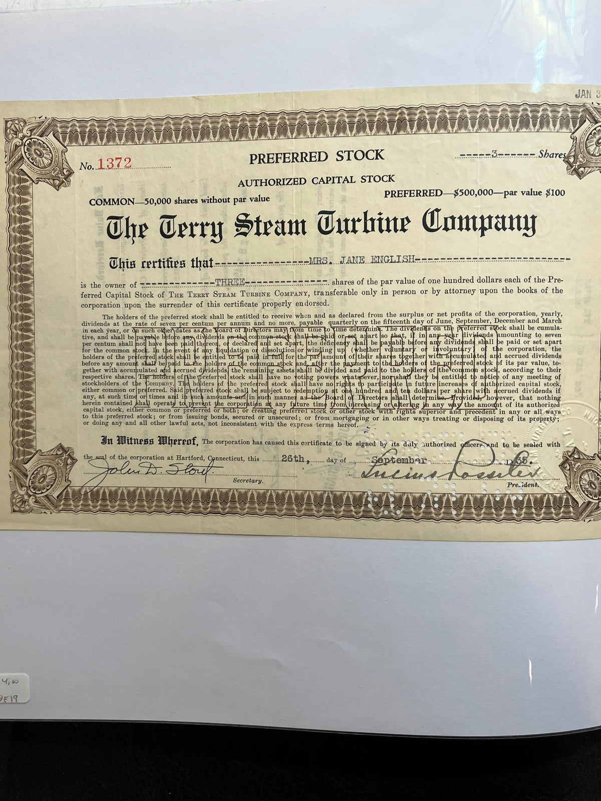 The Terry Steam Turbine Company Stock Certificate