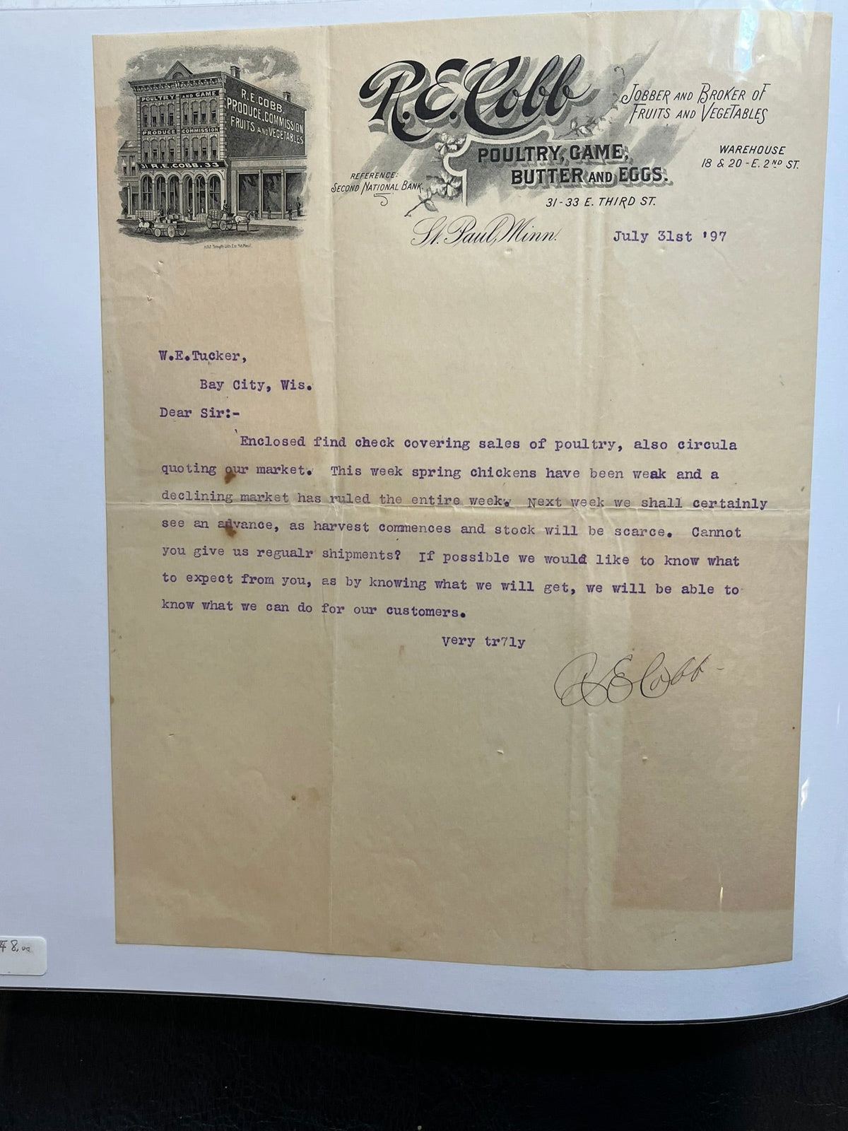 R.E. Cobb Poultry, Game, Fruits Jobber Letter