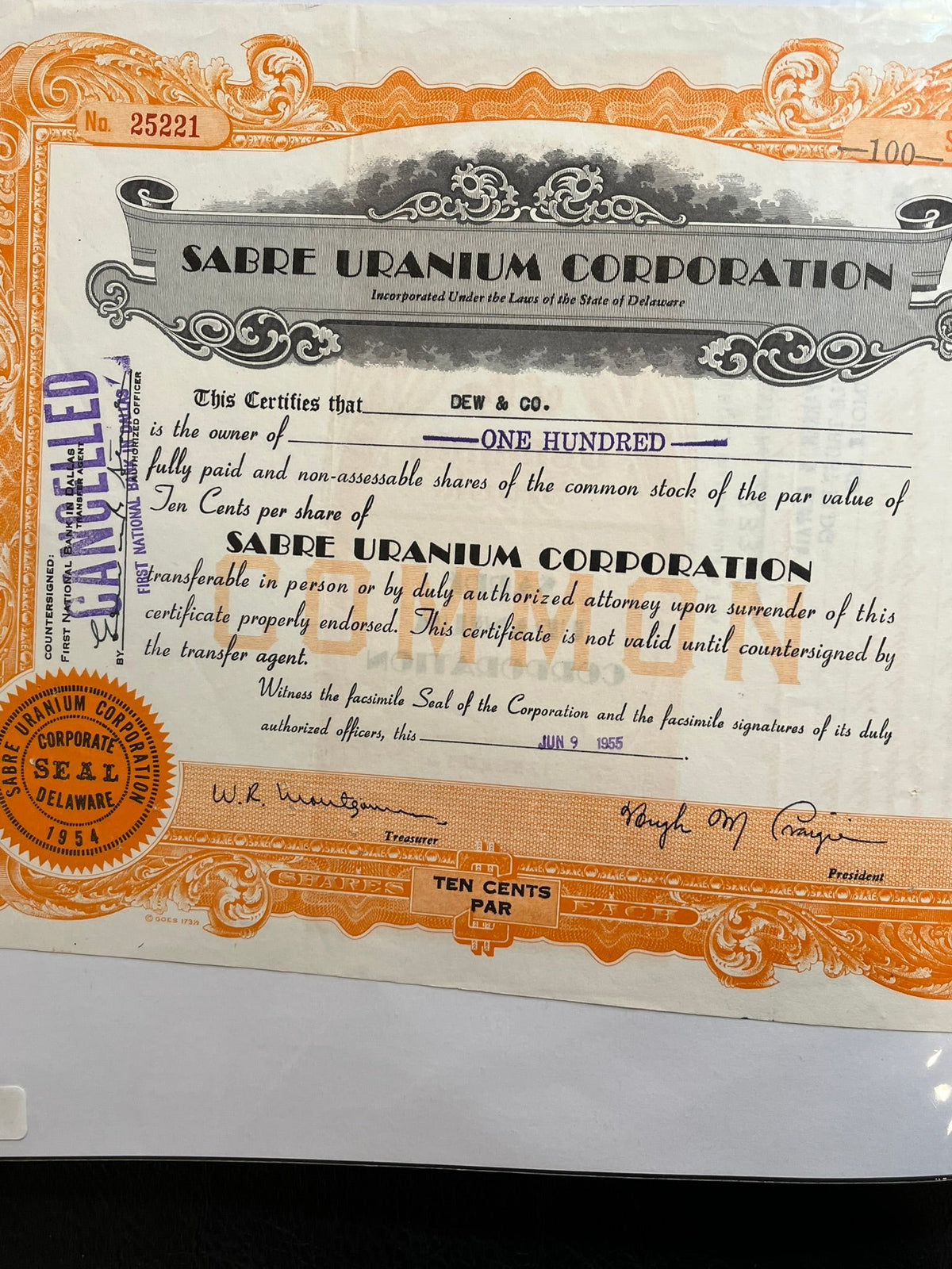 Sabre Uranium Corporation Stock Certificate