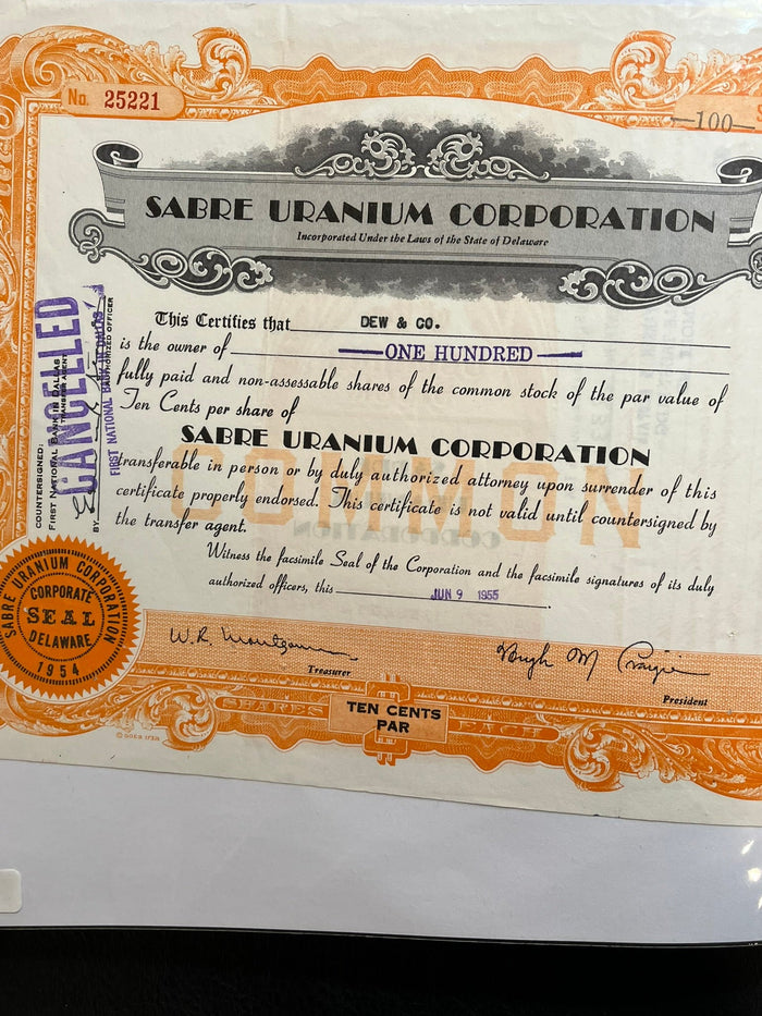 Sabre Uranium Corporation Stock Certificate