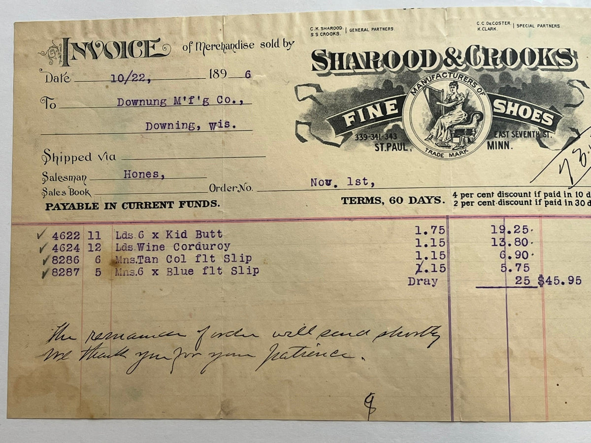 Sharood & Crooks Fine Shoes Invoice