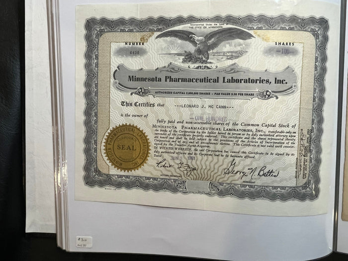 Minnesota Pharmaceutical Laboratories stock certificate