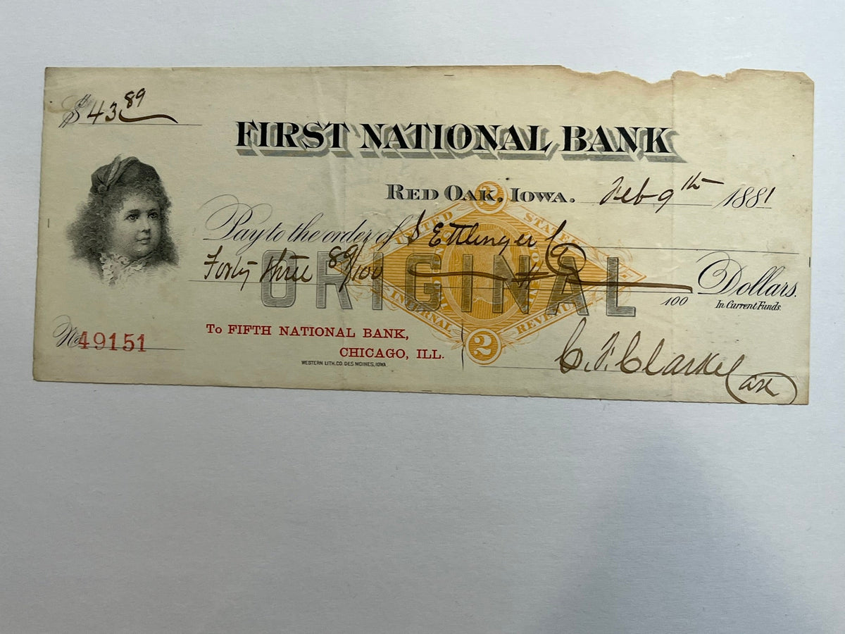 First National Bank of Red Oak, Iowa Check
