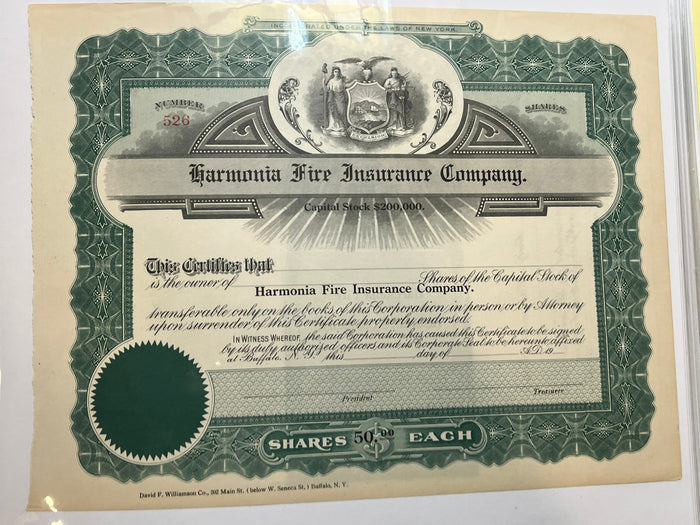 Harmonia Fire Insurance Company Stock Certificate