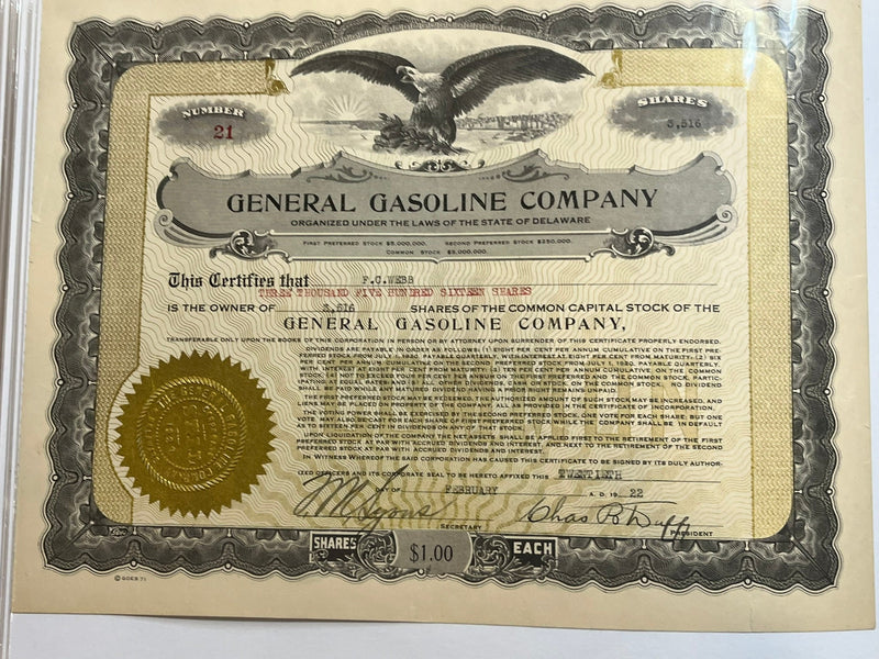 General Gasoline Company Stock Certificate