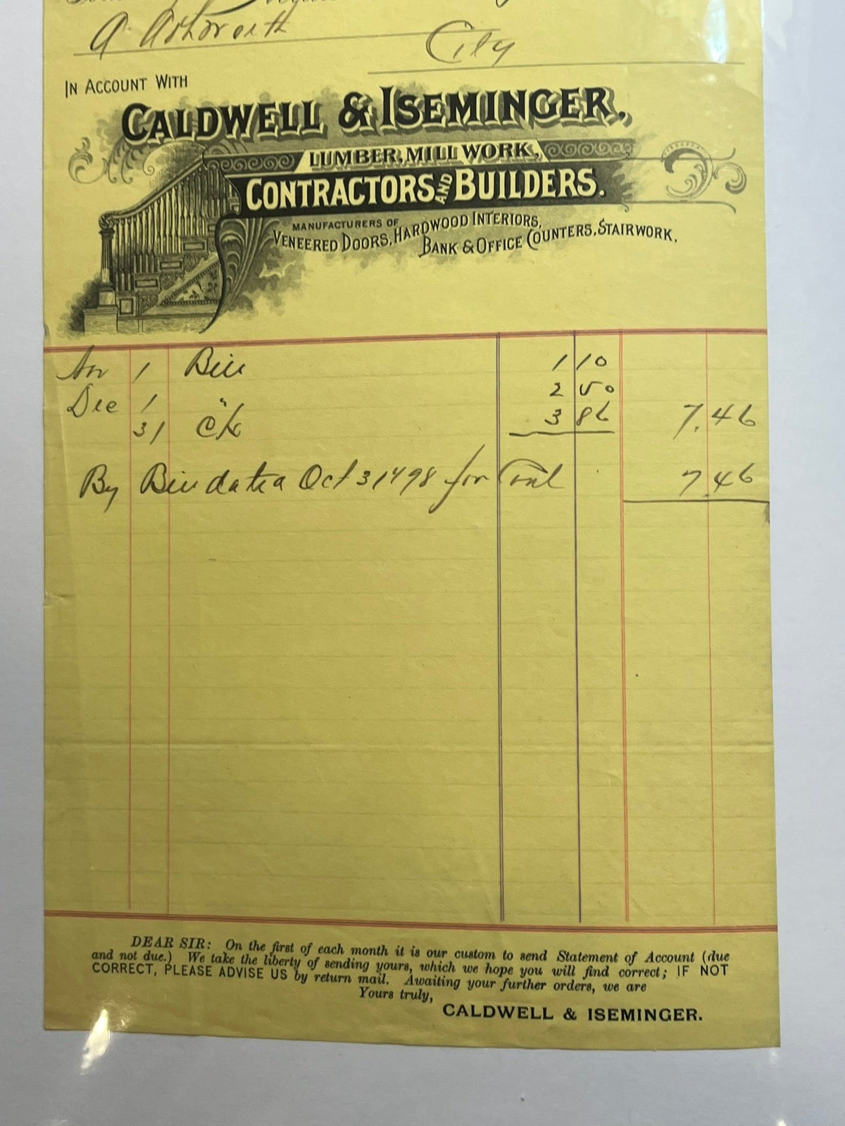 Caldwell & Iseminger Lumber Mill Work Invoice