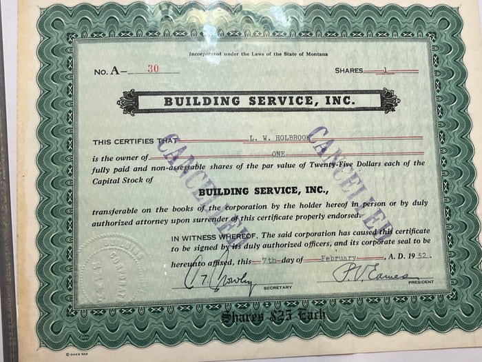 Building Service Inc. Stock Certificate