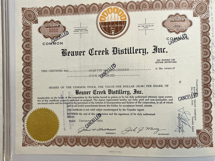 Beaver Creek Distillery Stock Certificate.