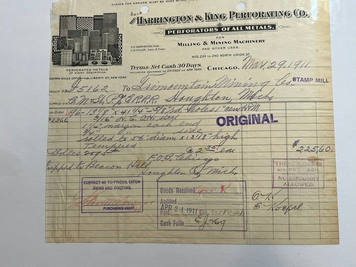 Harrington & King Perforating Co. Invoice