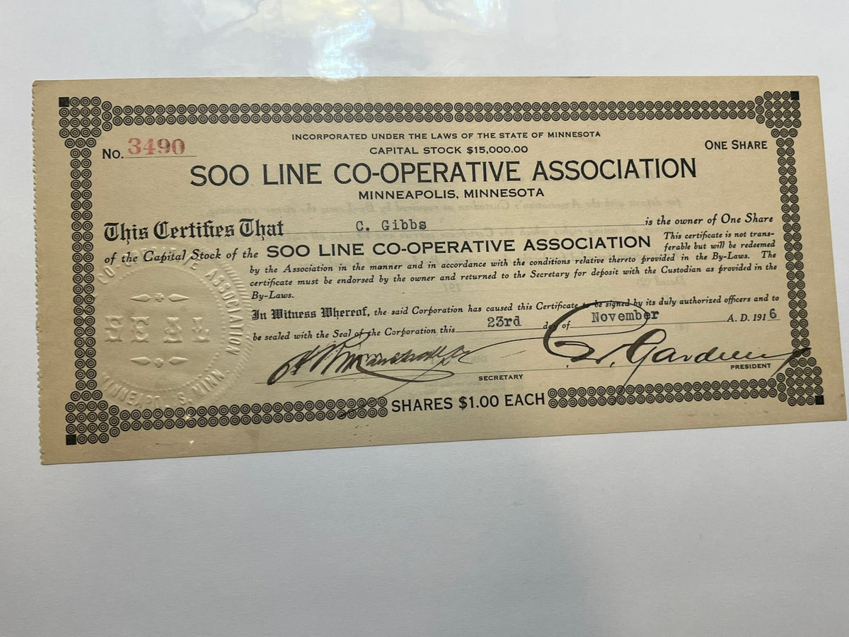 Soo Line Co-Operative Association stock certificate