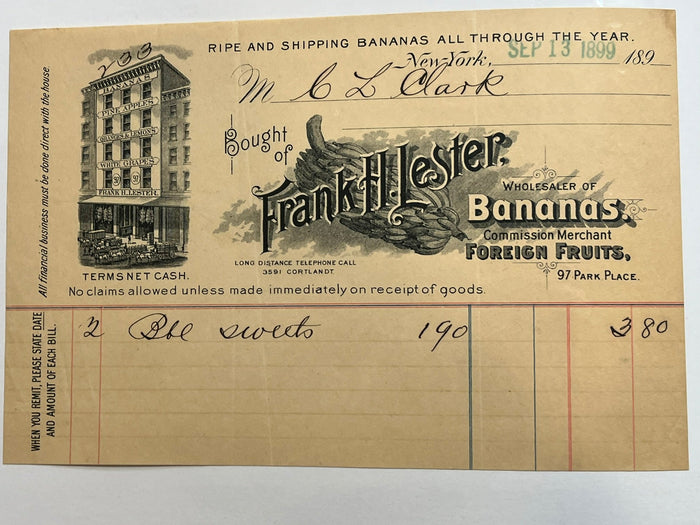 Frank H. Lester Banana Wholesaler Invoic