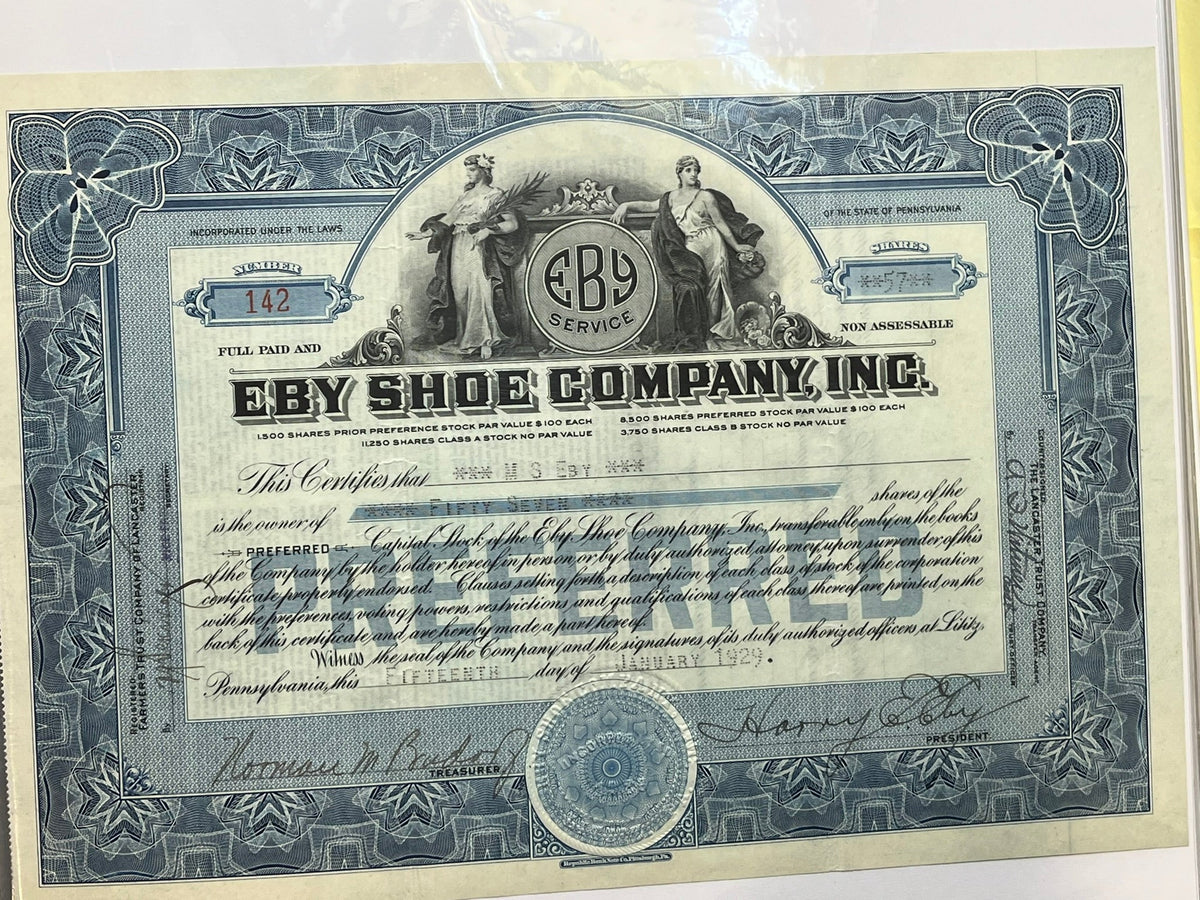 Eby Shoe Company Stock Certificate