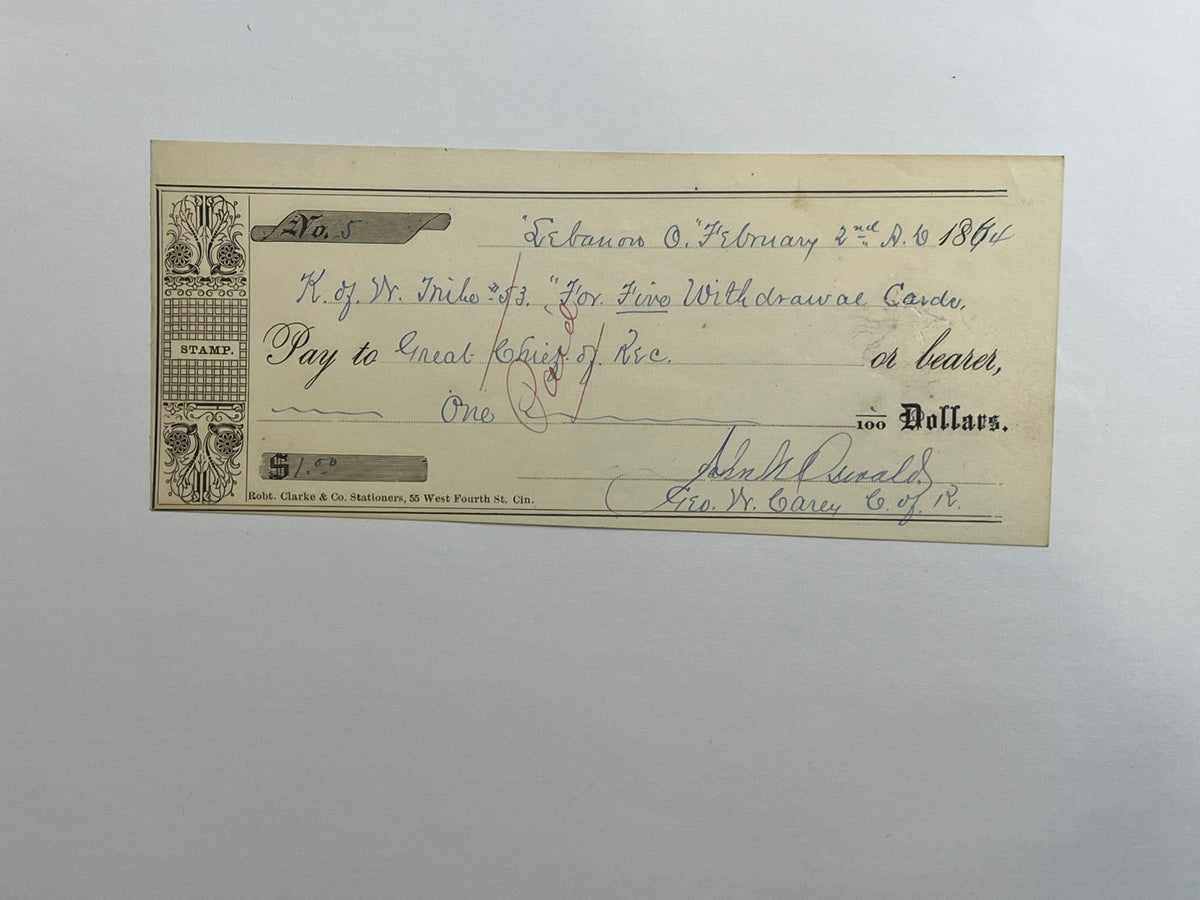 Order of Red Men Check  Lebanon, Ohio