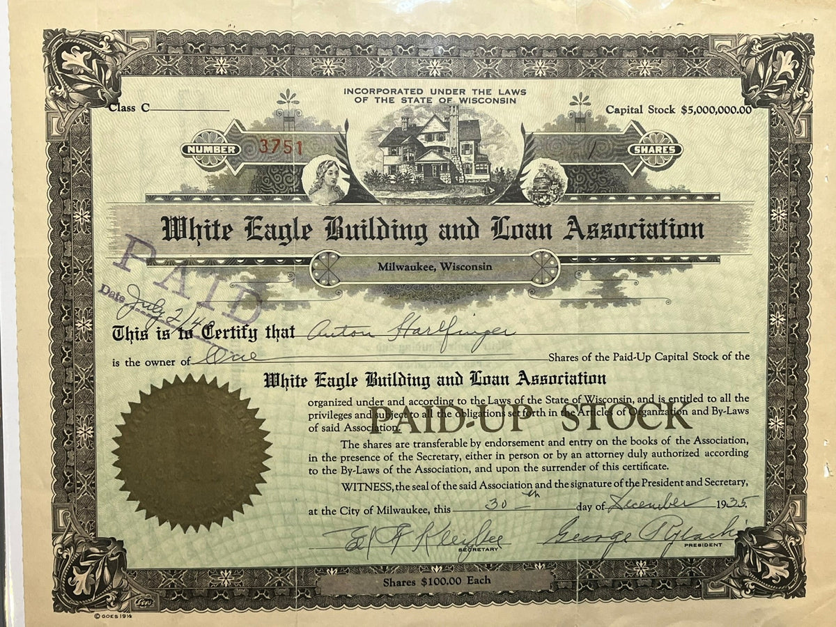 White Eagle Building and Loan Stock Certificate.