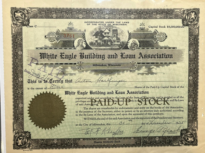 White Eagle Building and Loan Stock Certificate.