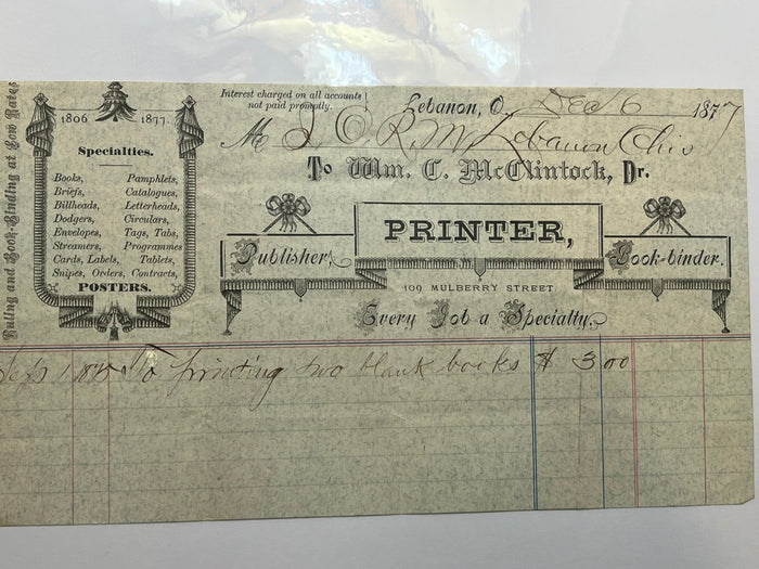 Wm. C McClintock Printer Invoice