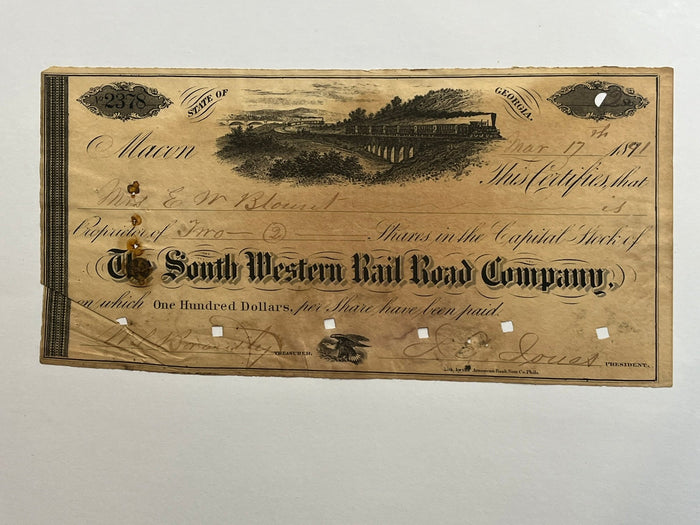 South Western Rail Road Coompany  Stock Certificate