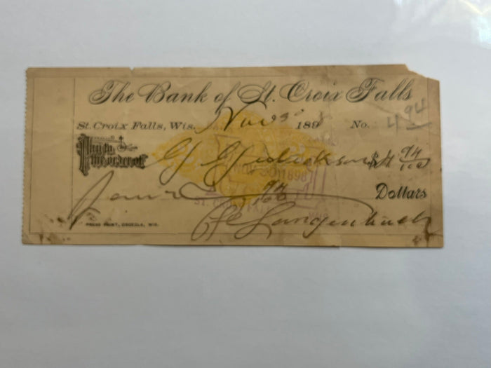 Bank of St. Croix Falls, Wisconsin Check