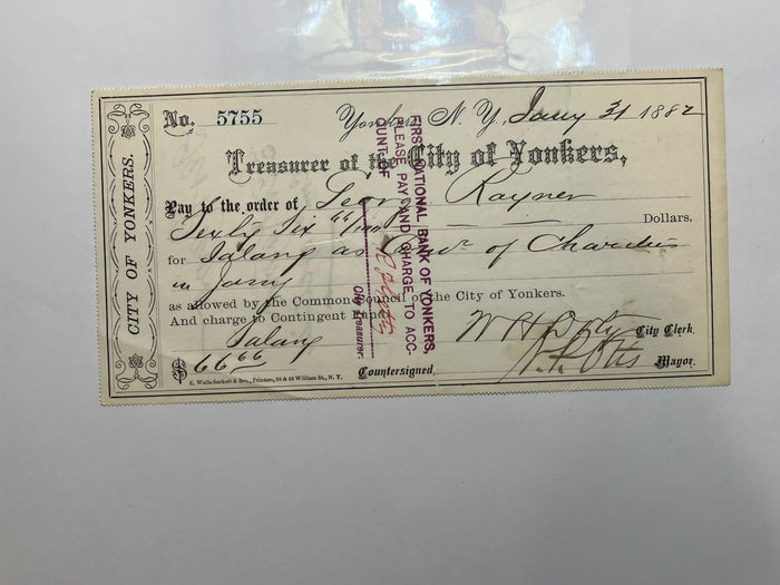 City of Yonkers Check  1882