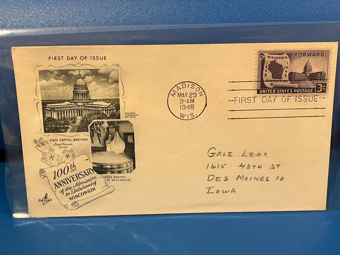Wisconsin Centennial FDC. Art Craft Cachet. 1948