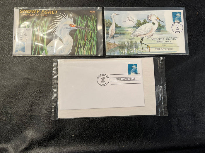 Snowy Egret FDC. Collins hand colored cachet. 3 cachets.