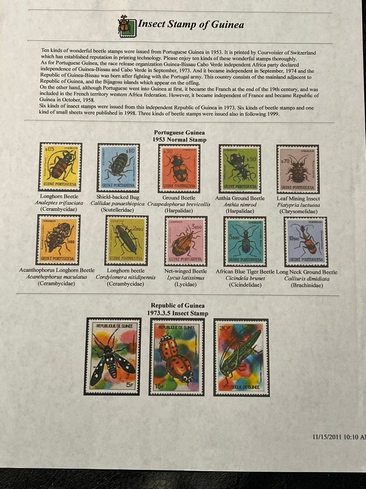 Insect Stamps of Guinea. 13 MLH colorful insect stamps.