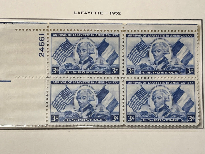 Arrival of Lafayette plate block. MNH. 1952