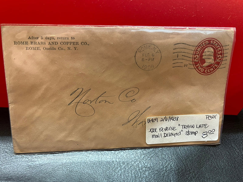 2c Washington envelope. Stamped on back  "Train Late- Mail Delayed"