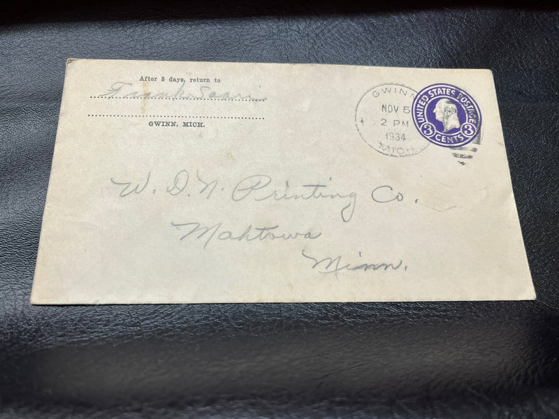 Gwinnn Michigan 3c Washington envelope