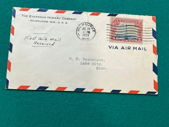 First Air Mail Received cover. Milwaukee 1929