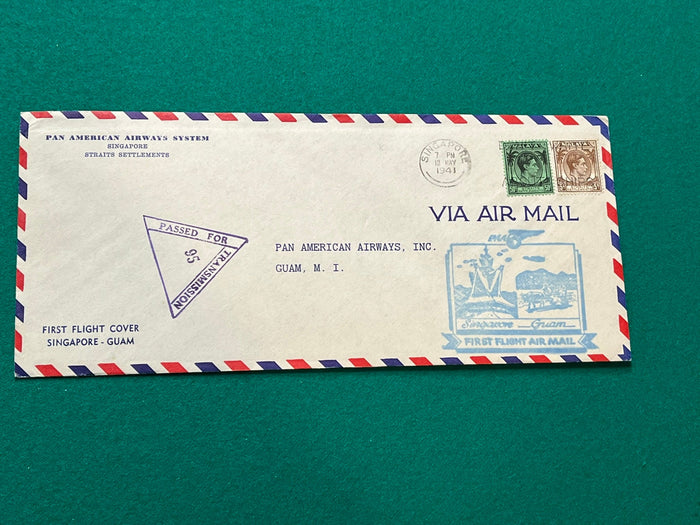 Pan Am Airways First Flight Cover = Singapore - Guam 1941