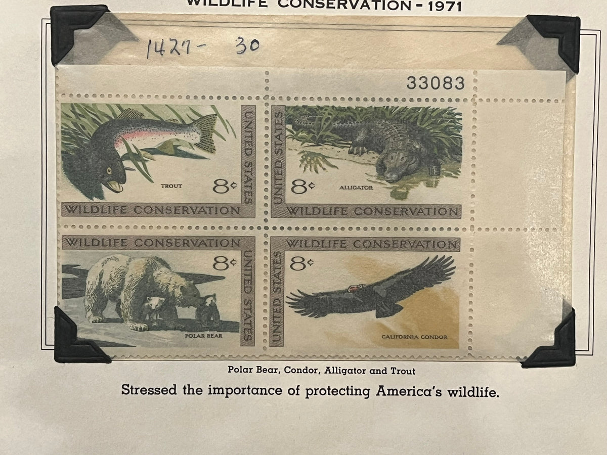 8c Wildlife Conservation Plate Block - Trout, Alligator, Polar Bear, California Condor