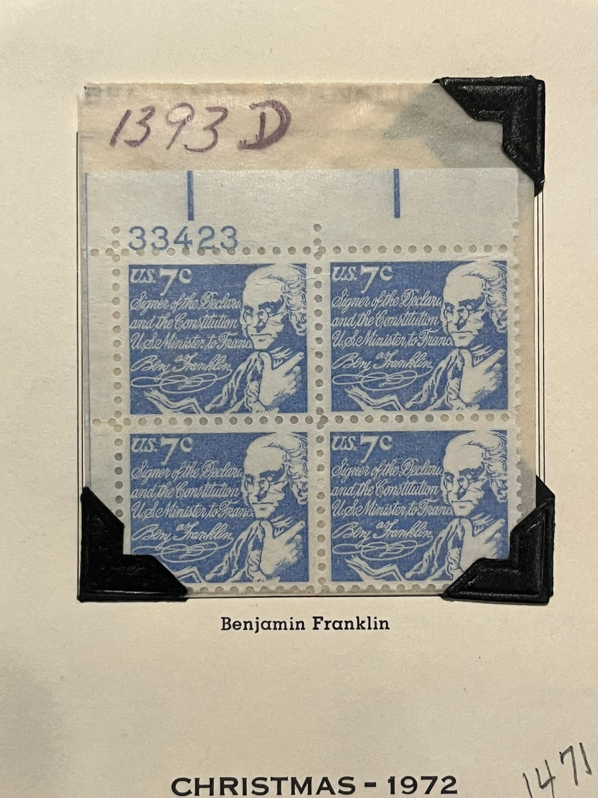 8c Benjamin Franklin Plate Block