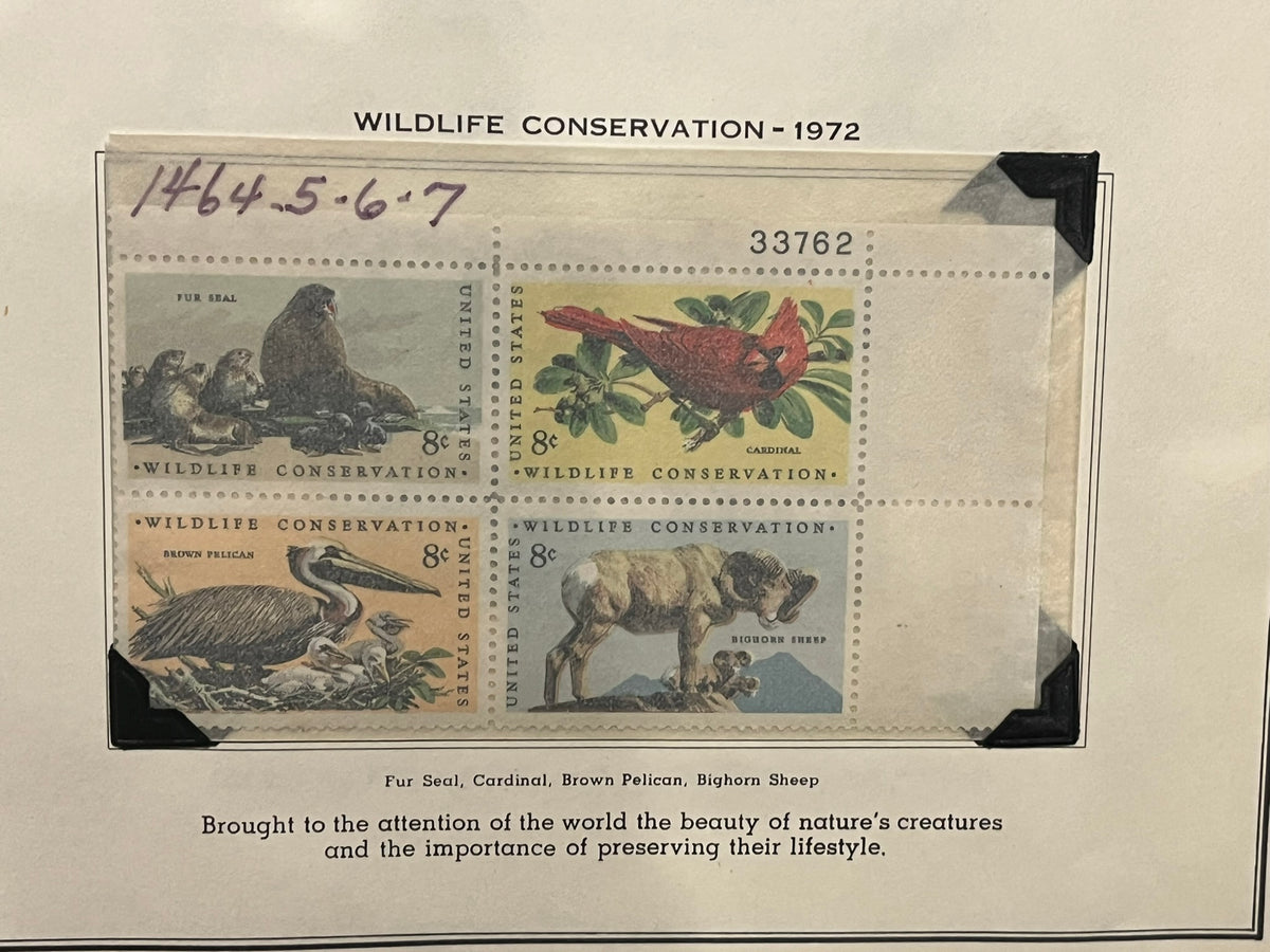 8c Wildlife Conservation Plate Block - Fur Seal, Cardinal, Brown Pelican, Bighorn Sheep