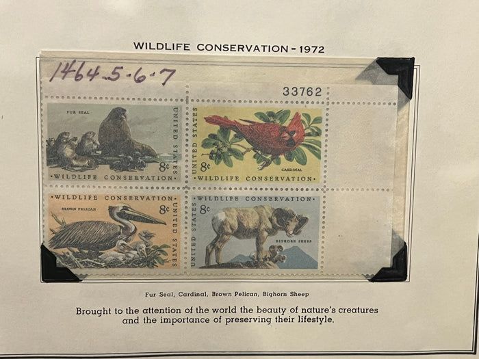 8c Wildlife Conservation Plate Block - Fur Seal, Cardinal, Brown Pelican, Bighorn Sheep