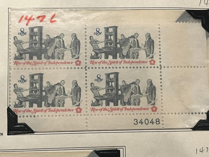 8c Hand Press Pamphlets - Rise of the Spirit of Independence - Plate Block