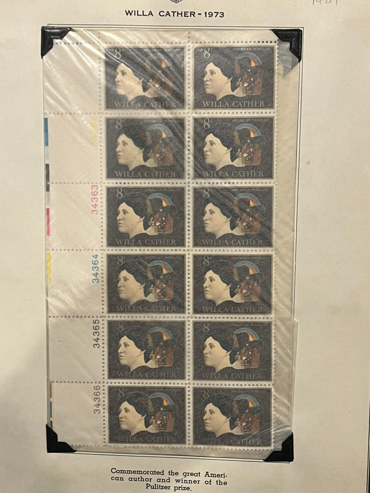 8c Willa Cather Plate Block