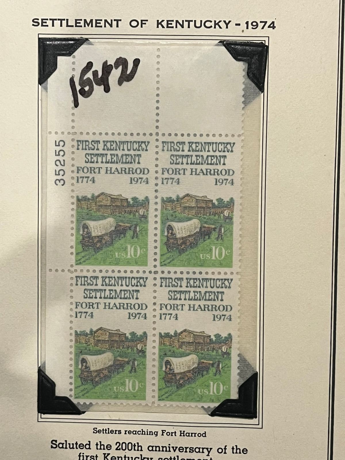 10c Settlement of Kentucky Fort Harrod Plate Block