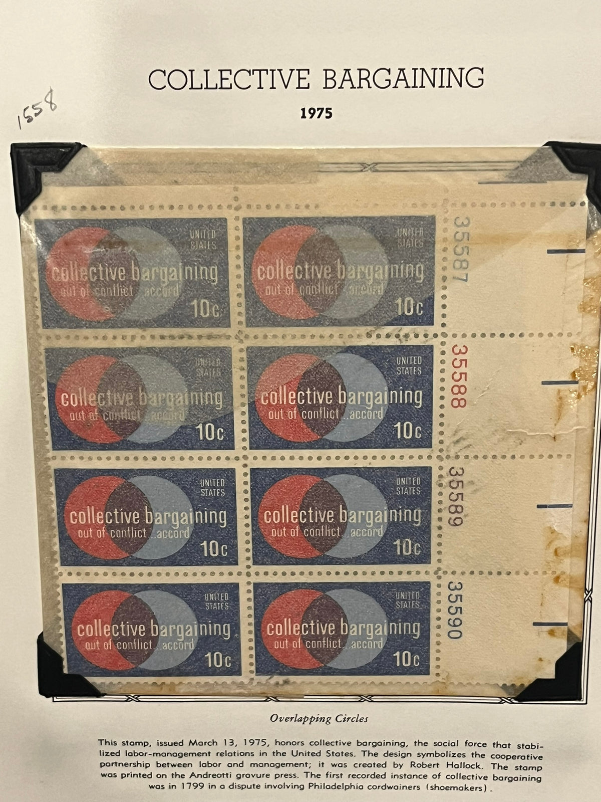 10c Collective Bargaining Plate Block