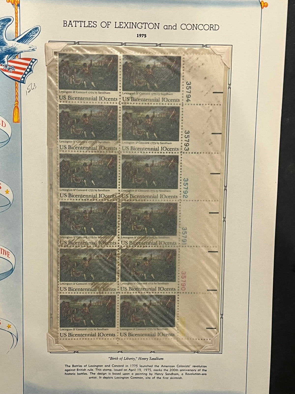 10c Battles of Lexington and Concord Plate Block