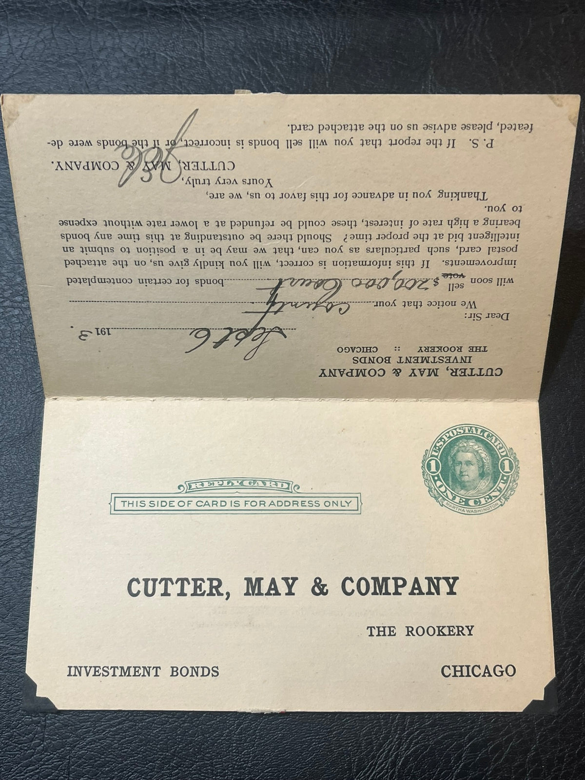 UY6  1911 1c+1c Preprinted message card.
