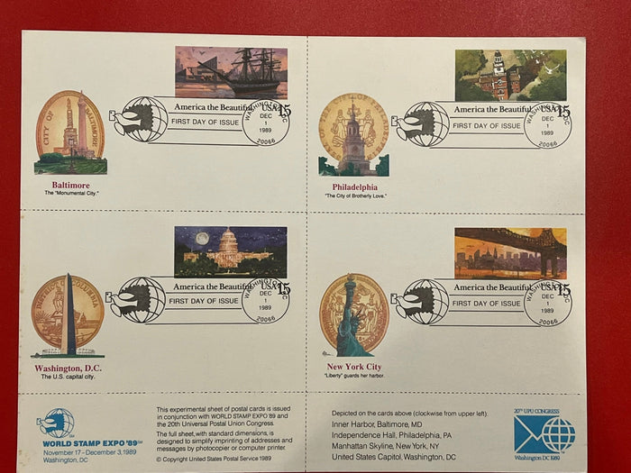 1989 15c World Stamp Exp[o 89 Experimental Sheet of 4 Postcards